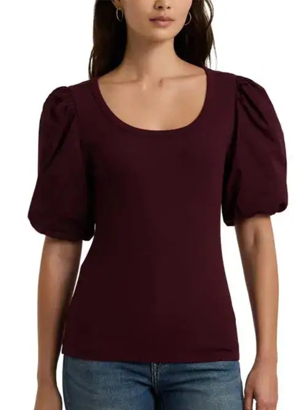 Ralph Lauren Burgundy Puff-Sleeve Scoop Neck Tee